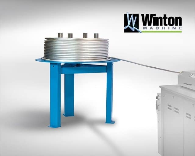 Winton Machine USA's 1 Position Horizontal Rotary uncoiler feeds copper & aluminum off a bulk spool into a tube fabrication machine saving you money.