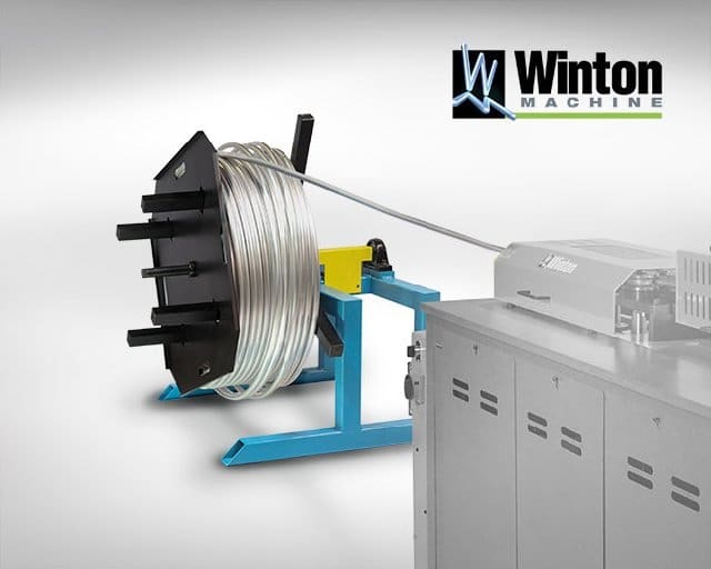 Winton Machine USA's 1 Position Vertical Rotary uncoiler feeds copper & aluminum off a bulk spool into a tube fabrication machine saving you money.