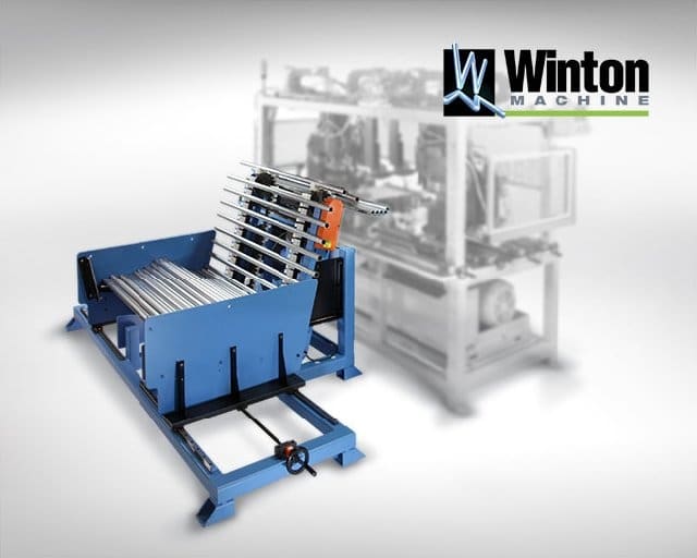 The Winton Machine USA Automatic Hopper Loader for tube fabrication machines is a heavy-duty design. Typical throughput is 1 part every 7 seconds.