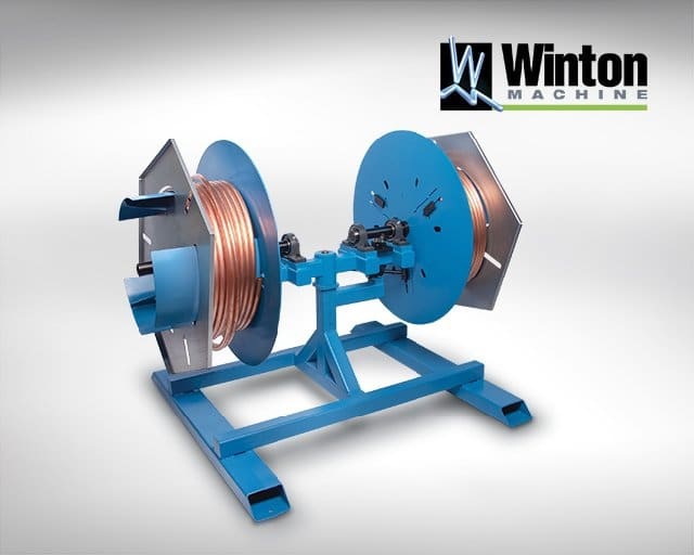 Winton Machine USA's 2 Position Vertical Rotary uncoiler feeds copper & aluminum off a bulk spool into a tube fabrication machine saving you money.