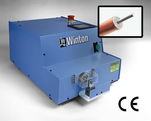 Winton Machine USA's CS6 2-axis CNC coax stripper precisely removes the outer jacket & insulator leaving the center conductor unaffected.