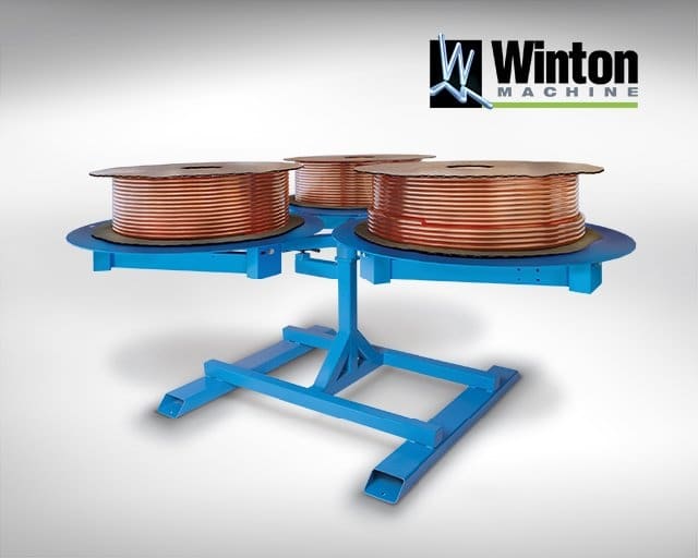 The Winton machine USA 3 Position Rotary Uncoiler allows you to feed 3 different diameters of copper or aluminum tube without changing spools.